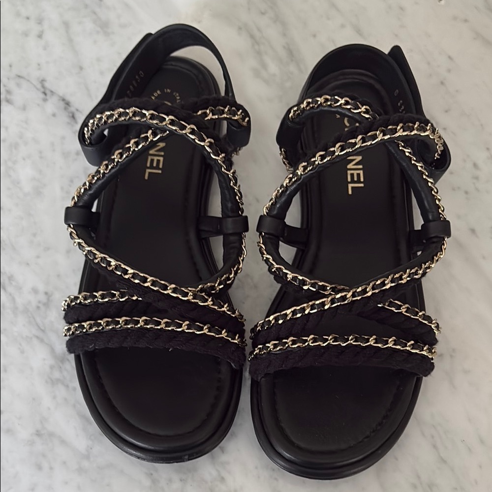 Chanel Black Sandals with Gold Accents